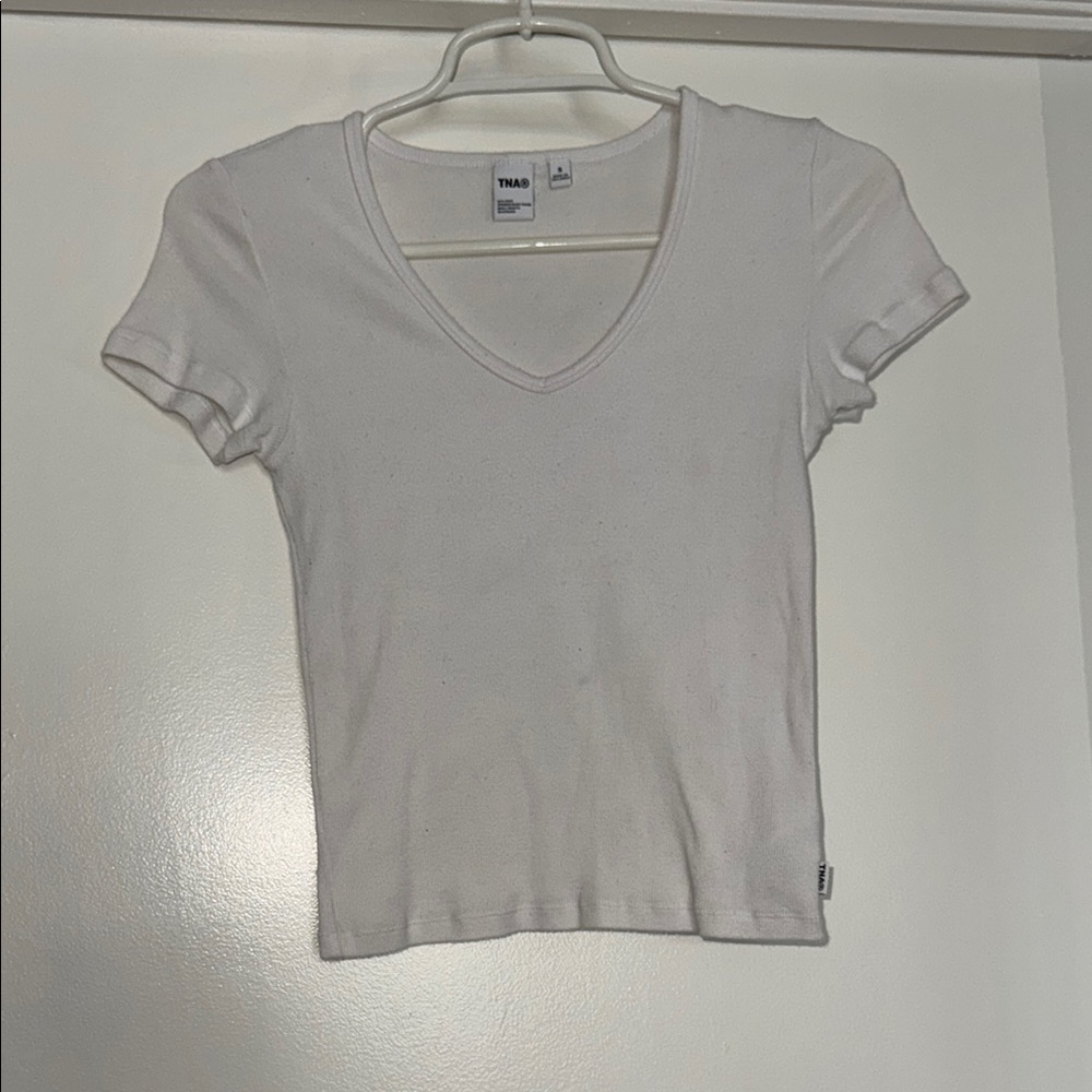 TNA White Fitted Ribbed Short Sleeve Tee